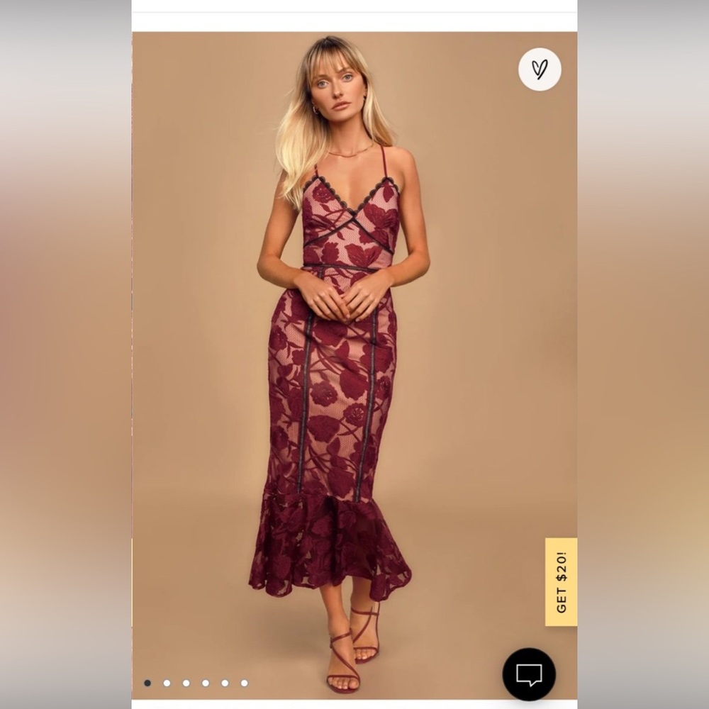 Lulus Alluring Dream Burgundy Floral Mesh Lace Trumpet Midi Dress